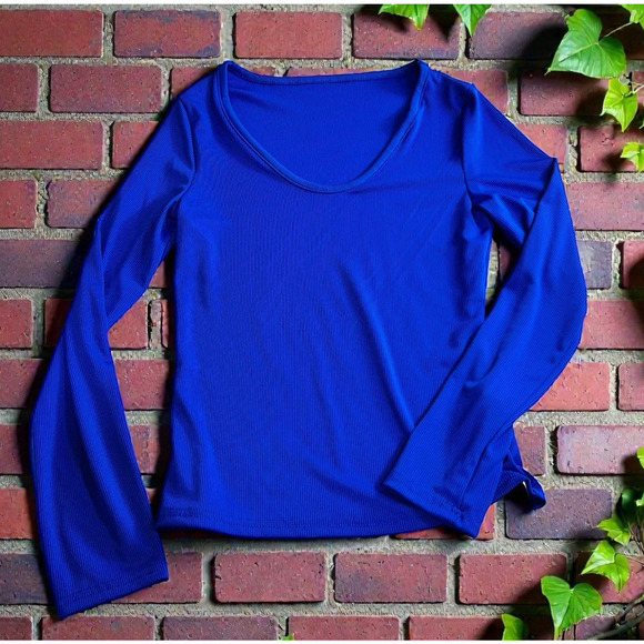 Dazy Bright Blue Ribbed Blouse Sz XL Scoop Neck Long-Sleeve Top Stretch New - Picture 4 of 4